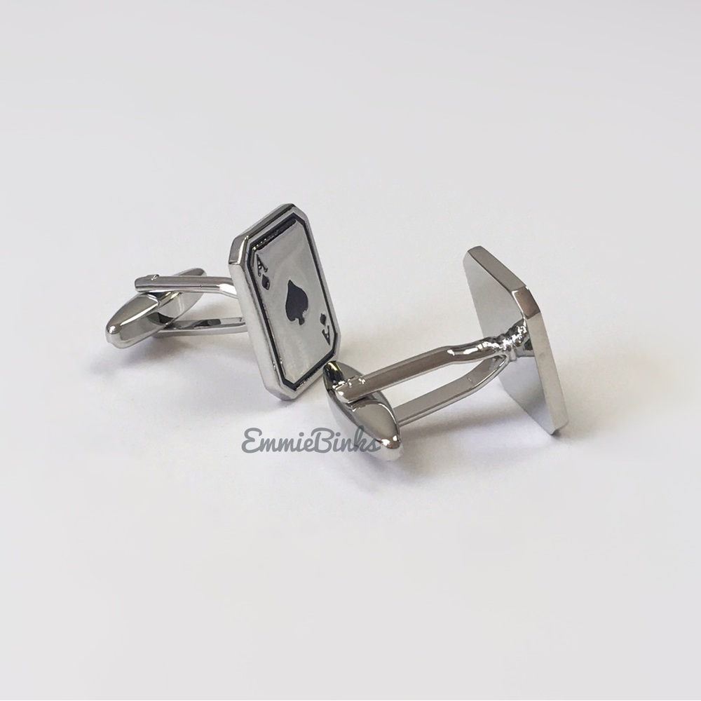 New Ace of Spades Silver Playing Card Cufflinks ~ Groom / Best Man / Formal - Picture 4 of 7